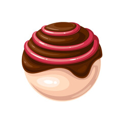 Chocolate bomb vector illustration. Cartoon isolated white chocolate glazed roll cake of round shape with circles of red fruit glazing on top and flowing brown choco glaze, candy ball for hot drink
