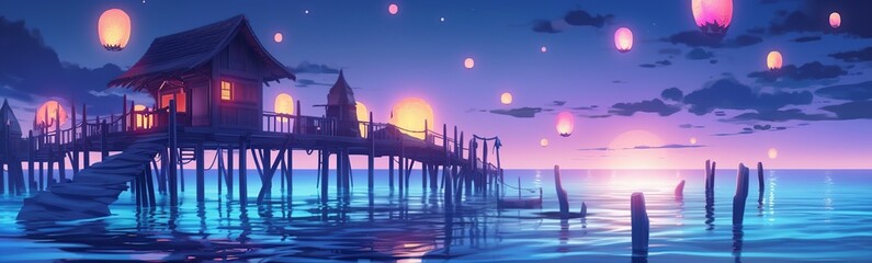 illustration, night seascape fantasy with lanterns and wood,website header, ai generative