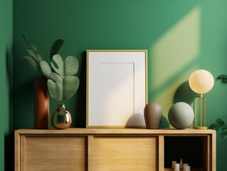 mockup photo frame green wall mounted on the wooden cabinet, Generative Ai