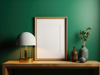 mockup photo frame green wall mounted on the wooden cabinet, Generative Ai