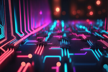 3d render, abstract background with pink blue glowing neon lines and bokeh lights. Data transfer concept.