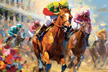 Fototapeta na wymiar Kentucky Derby promotional image for advertising horse racing - made with generative ai