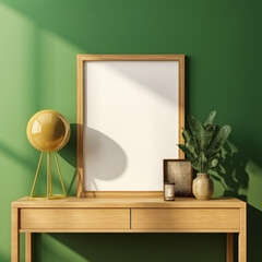 mockup photo frame green wall mounted on the wooden cabinet, Generative Ai