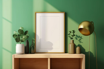mockup photo frame green wall mounted on the wooden cabinet, Generative Ai