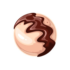 Chocolate bomb vector illustration. Cartoon isolated white candy ball with curl of dark brown glaze, single round choco cake bomb and dessert with marshmallows for hot milk, cocoa or coffee mug