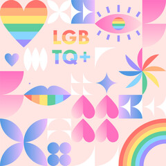 Fototapeta na wymiar Pride month pattern template.LGBTQ+ community vector illustration in bauhaus style with geometric elements and rainbow lgbt symbols.Human rights movement concept.Gay parade.Colorful cover design.