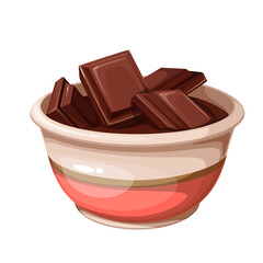 Bowl of melted chocolate vector illustration. Cartoon isolated round glass plate with cubes and pieces of broken brown chocolate bar melt, ingredient for cooking choco bombs and candy balls dessert