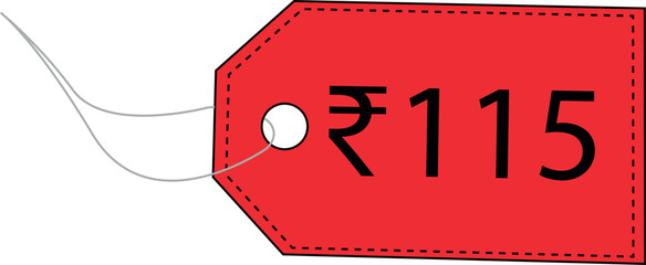 One hundred and fifteen rupees. 115 rupees. Indian rupees. Label price tag design. Sale tag. Label tag vector.
