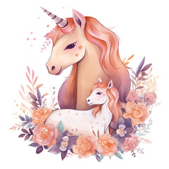 Obraz na płótnie Canvas Mom and Baby Unicorn floral Watercolor Png art for Sublimation Design, Generative AI