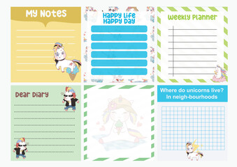 Cute weekly planner background for kids with cute and kawaii unicorn characters. Vector template for agenda, planners, notes, timetable. Printable notepad with magical creature unicorn. 