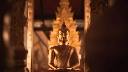 golden buddha statue in the temple, Generative AI