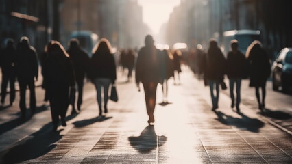 People walking in the street, panoramic view of people crossing the road with Generative AI.