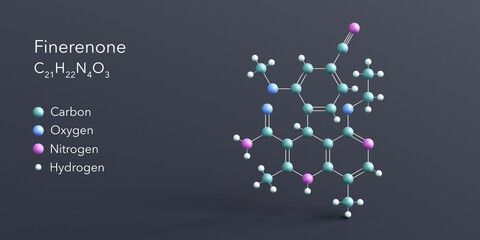 finerenone molecule 3d rendering, flat molecular structure with chemical formula and atoms color coding