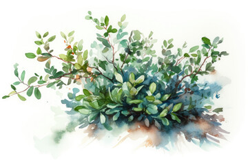 Beautiful Watercolour Bush On White Background. Generative AI