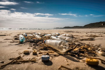 Fototapeta na wymiar Dirty Plastic Bottles And Cans Littering Beach. Generative AI
