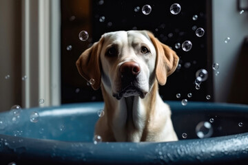 Excited Labrador Retriever Playing With Soap Bubbles In Tub. Generative AI