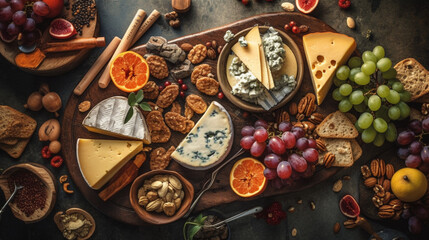 Obraz na płótnie Canvas Food pairing-themed background with a selection of cheeses, Generative Ai
