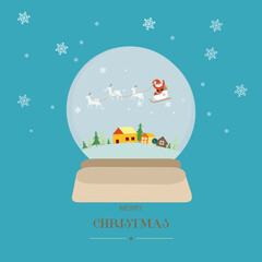 Naklejka premium Merry christmas glass ball with Santa sleigh flying over village. Vector illustration