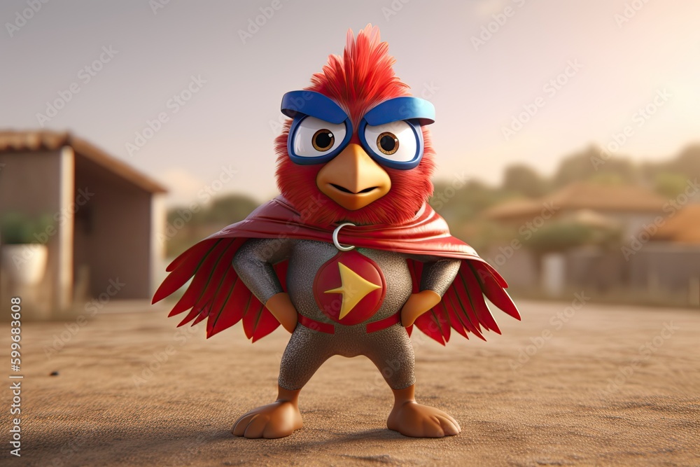 Poster Cute Cartoon Rooster Superhero on a Farm (Generative AI)