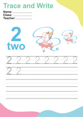 Number two tracing practice worksheet with 2 kawaii unicorn character as a ballerina dancer. Worksheet for kids learning to count and to write. Vector Illustration.