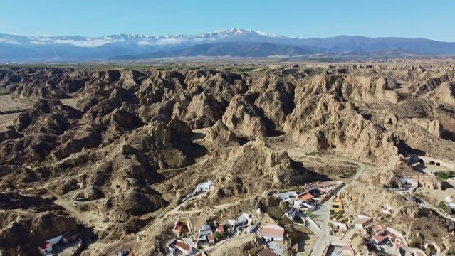 4K Drone Badlands In Beas De Guadix Cave Houses. Granada. Andalusia. 20 april 2023