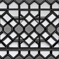 A symmetrical design of squares in shades of gray and black, with a small circle at the center1, Generative AI