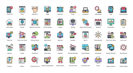 Remote Work Line Color Iconset Home Office Filled Outline Icon Bundle