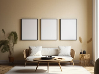 Modern living room interior with three vertical posters on the wall. Mock up, Generative Ai