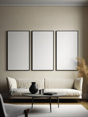 Modern living room interior with three vertical posters on the wall. Mock up, Generative Ai