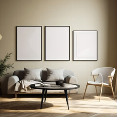 Modern living room interior with three vertical posters on the wall. Mock up, Generative Ai