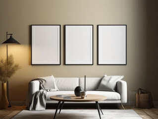 Living room interior with two vertical posters on the wall. Frame mockup in cozy living room interior, Generative Ai