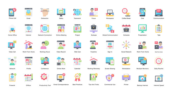 Remote Work Flat Iconset Home Office Color Icon Bundle