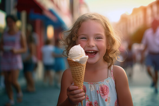 Little girl enjooying delicious cone ice cream in summer on the road. Generative AI.
