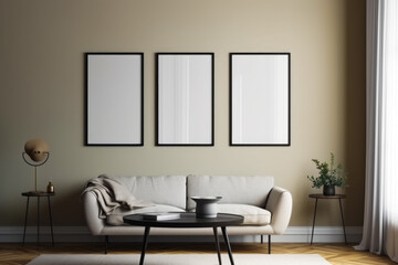 Obraz na płótnie Canvas Frame mockup in cozy living room interior, Generative Ai