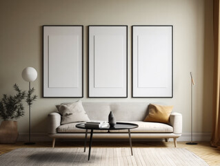 Frame mockup in cozy living room interior, Generative Ai