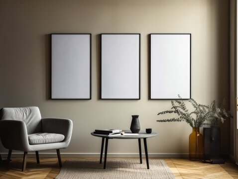 Frame mockup in cozy living room interior, Generative Ai