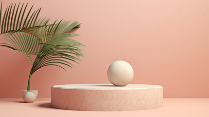 Pastel Pink and Beige Backdrop with Concrete Stone Step Up Podium - Product Mock Up and Display for Cosmetic, Beauty, and Tech Products - Background with Palm Leaves - Generative AI