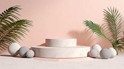 Pastel Pink and Beige Backdrop with Concrete Stone Step Up Podium - Product Mock Up and Display for Cosmetic, Beauty, and Tech Products - Background with Palm Leaves - Generative AI