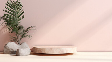 Fototapeta na wymiar Pastel Pink and Beige Backdrop with Concrete Stone Step Up Podium - Product Mock Up and Display for Cosmetic, Beauty, and Tech Products - Background with Palm Leaves - Generative AI