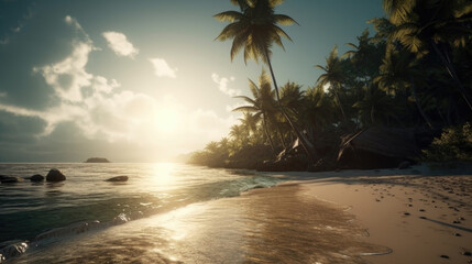Fototapeta premium Tropical beach with palm trees at sunset. Generative AI. 