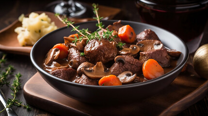 Beef Bourguignon with carrots,onions and mushrooms. Generative AI - 599685494