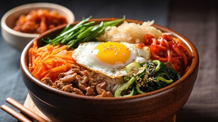 Traditional Korean dish- bibimbap: rice with vegetables and beef. Generative AI