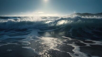 Beautiful seascape. ocean waves at sunset. Ocean waves at sunset. Generative AI.	