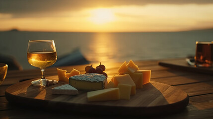 Cocktail with cheese on wooden table at sunset. Summer background, wallpaper. Generative AI.