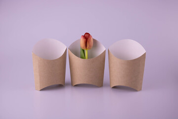 Three gray containers for French fries with a tulip on a pink background