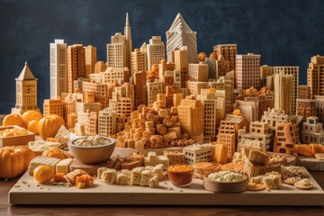 Bread, Cheese & Charcuterie: An Exquisite Culinary Take on Skyline & Cityscape, Set Against Urban Backdrop - A Camera's CaptTz3-Enhanced View, Generative AI