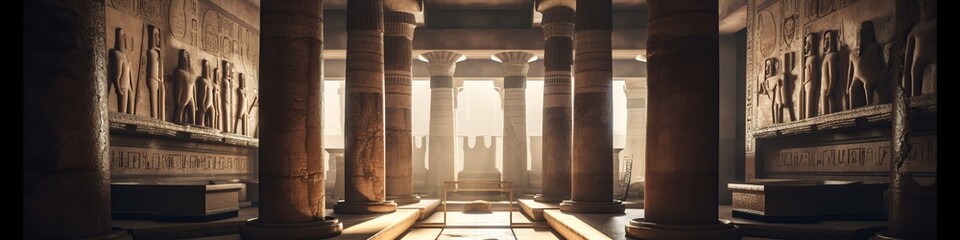 illustration, majestic egyptian temple with columns, website header, ai generative - obrazy, fototapety, plakaty