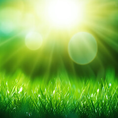 Obraz premium Fresh green grass background in sunny summer day. A natural spring garden background of fresh green grass for product display. generative ai. Blurred nature background
