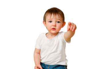 Portrait of upset toddler baby on studio isolated on a white background. Offended child points forward with index finger in white t-shirt and blue jeans, copy space. Kid aged one year and four months