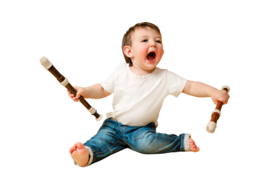 Toddler baby with a flute wind musical instrument on a studio isolated on a white background. A happy child musician holds a block flute, copy space. Kid is a boy aged one year four months